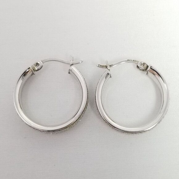 Vintage Sterling Silver Hoop Earrings, Sparkly Surface, RCI Thailand Signed - Picture 2 of 7